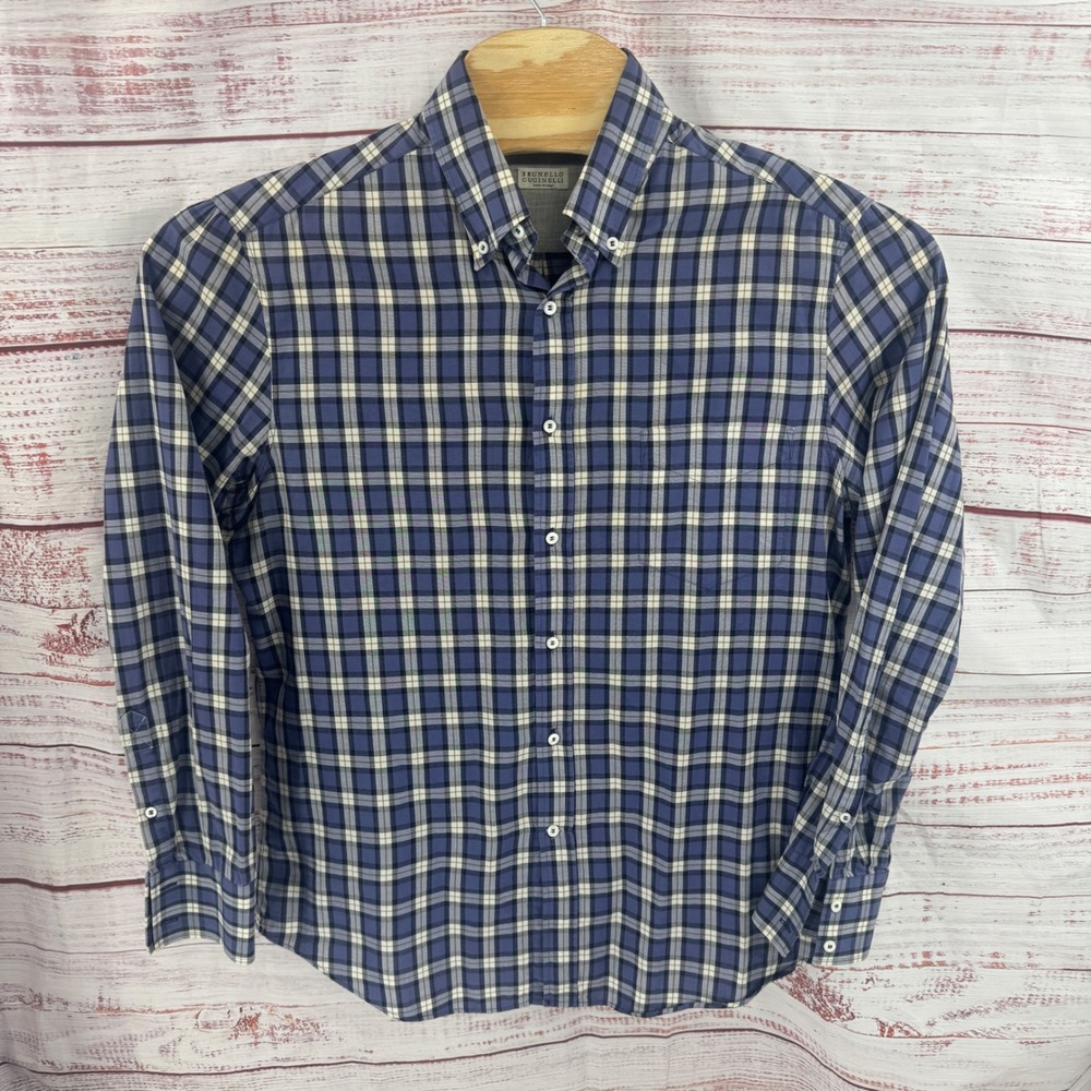 Brunello Cucinelli Shirt Mens large Blue Plaid Cotton Button Down Made in Italy